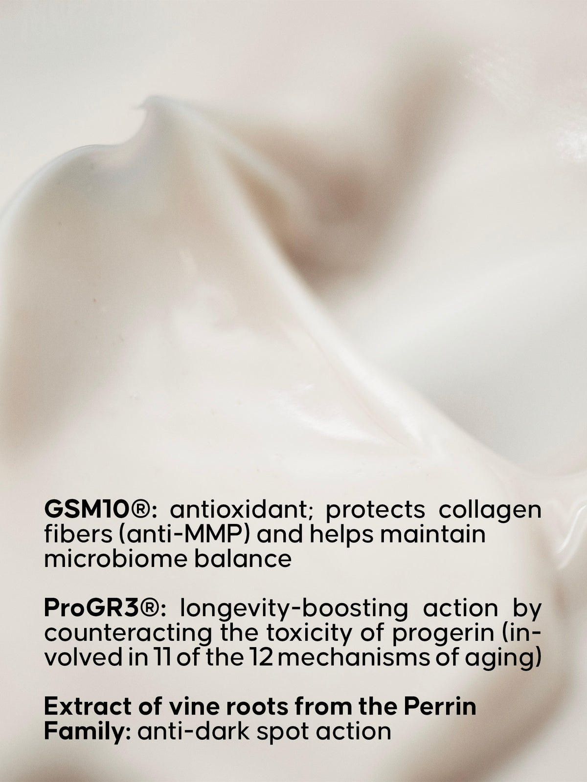Close-up of smooth skin texture with text about GSM10 and ProGR3, and mention of Perrin Family extract.