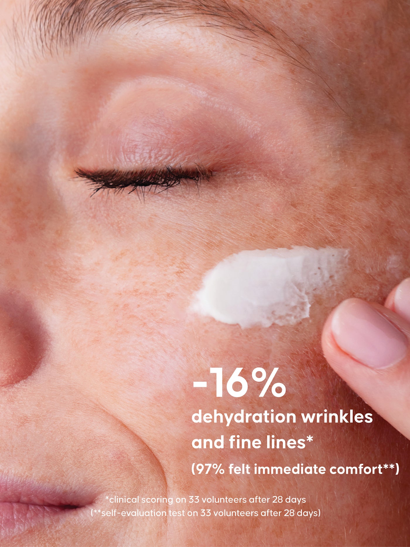 Close-up of a person applying cream to their face with text about skincare benefits : -16% dehydration wrinkles and fine lines. 97% of users felt immediate comfort